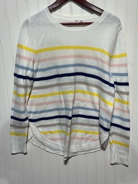 GAP Women’s XL White Multicolor Striped Cotton Knit Sweater Curved Hem